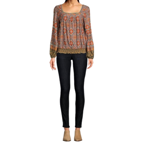 Democracy Bohemian Long Blouson Sleeve Smocked Hem Top Cottagecore - Picture 6 of 11